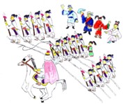 Relatives clutch at the clothes of the soldiers,
Stamp their feet in anger, and cry, blocking the road.